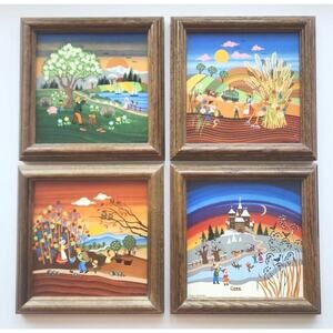 Set Of 4 Ceramic Tiles Barbara Furstenhofer Signed Tiles Seasons 6” X 6” Framed